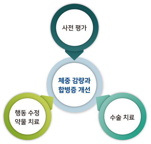 대사비만센터 진료시스템 - 체중 감량과 합병증 개선을 위해 사전평가, 행동 수정 약물 치료, 수술 치료를 병행하고 있습니다.